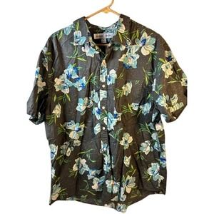 Old Navy Floral Button Down Shirt XL Grey Blue Built-In Flex Tropical Mens